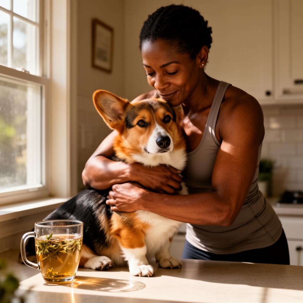 Woman over 40 cuddling her sable corgi in a sunlit kitchen